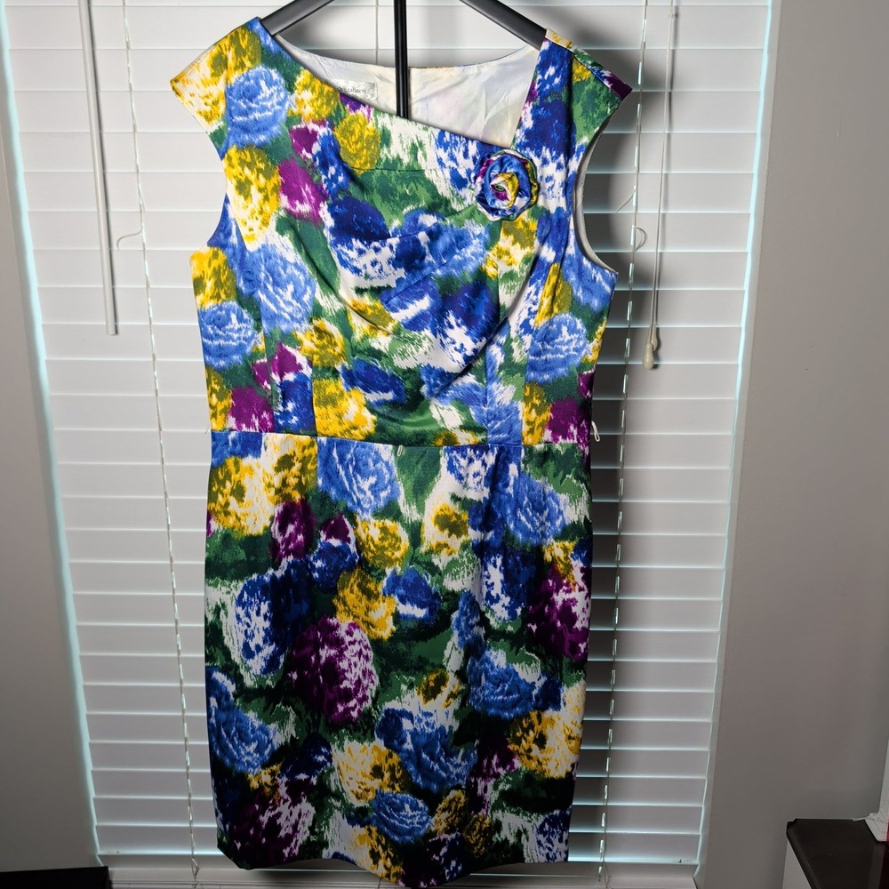 Dressbarn Sheath Dress Women 14 Multicolor Floral Rosette Asymmetric Excellent